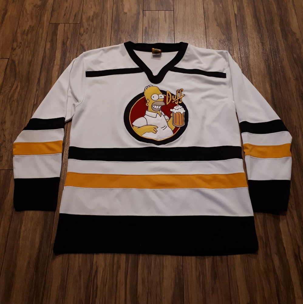 VTG The Simpsons Homer Simpson Duff Beer Hockey Jersey – White/Gold/Black